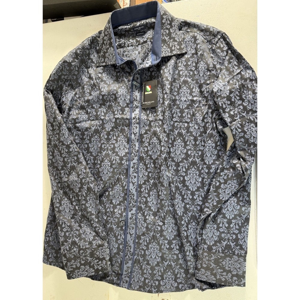 Men's Rosso Milano‎ Italy Blue Navy  Long Sleeve Button Shirt Modern Fit XL